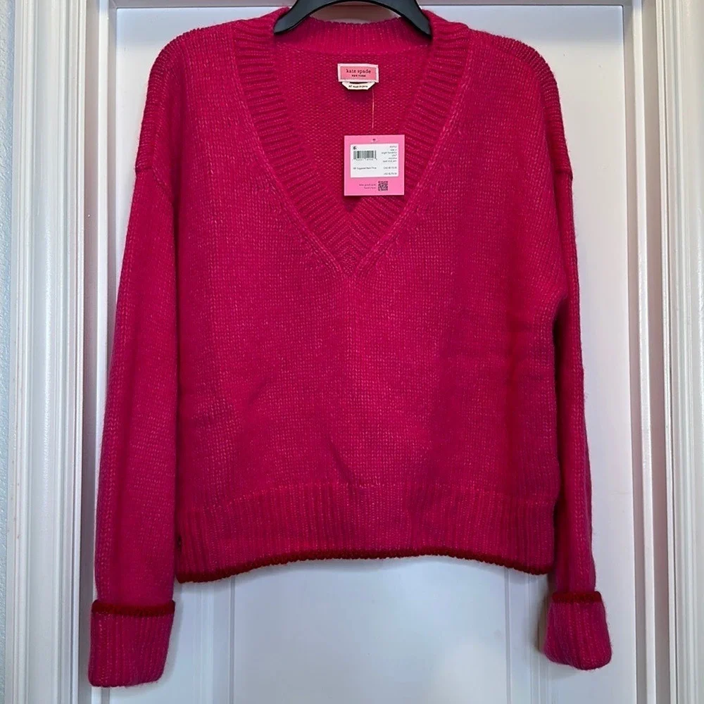 Kate Spade Tipped V Neck Sweater‎ color Pink Size XL NEW with TAGS!